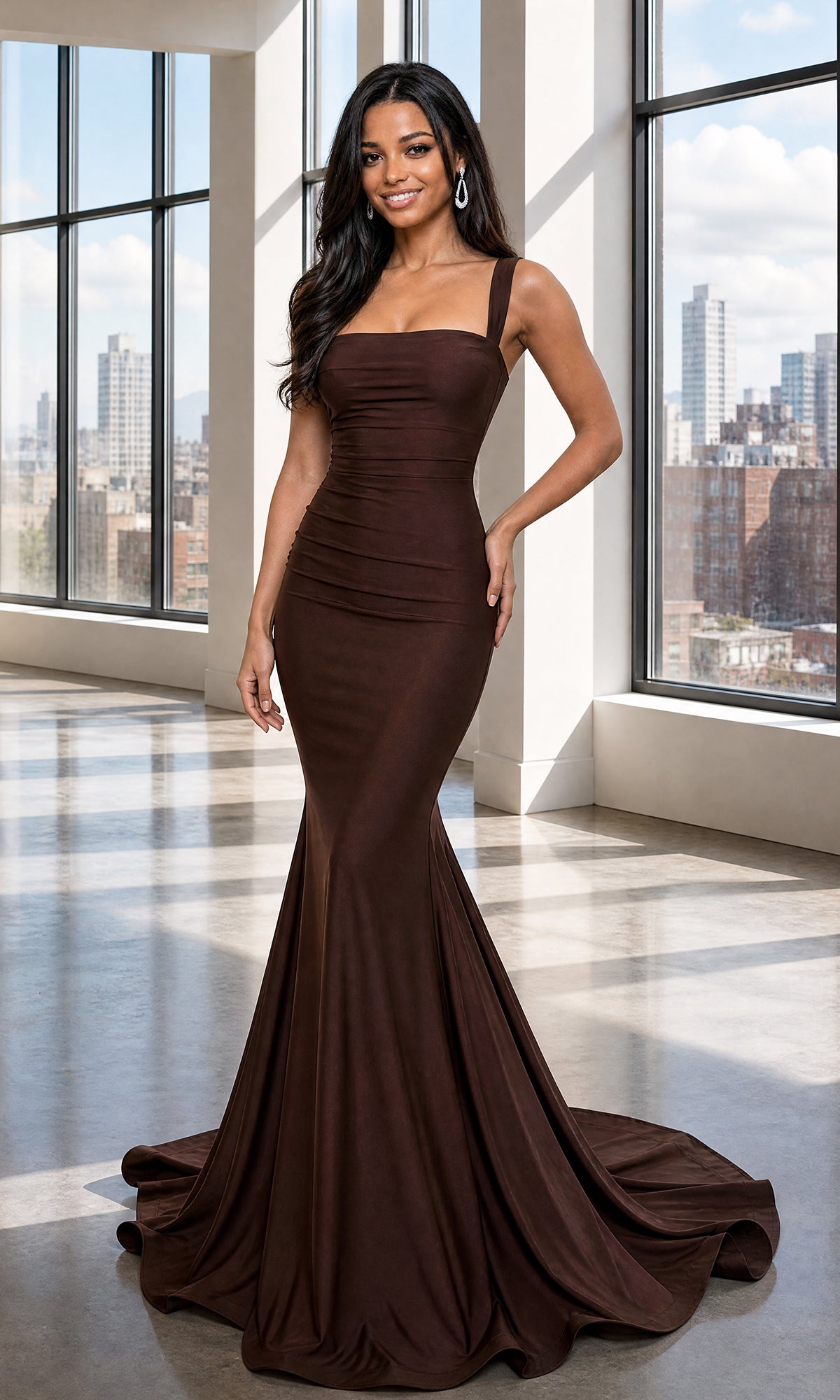 A woman stands indoors in front of large windows with a city skyline view, wearing the Atria 7088H Long Prom Dress in chocolate—a fitted, floor-length mermaid gown with a flared train and an adjustable back tie.